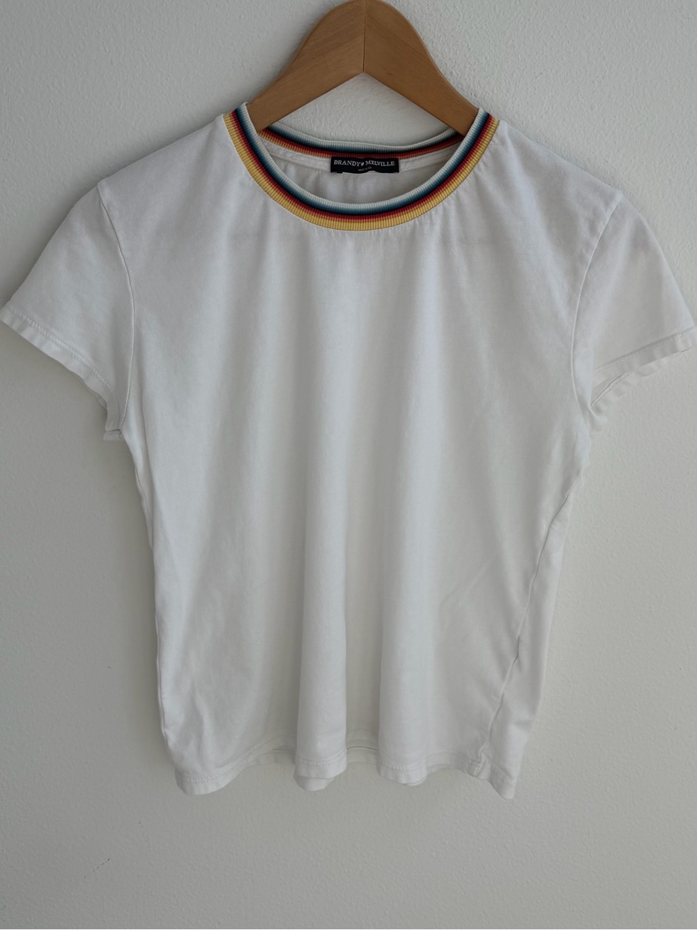Brandy Melville White Short-Sleeve Tee with Rainbow Ringer Neck